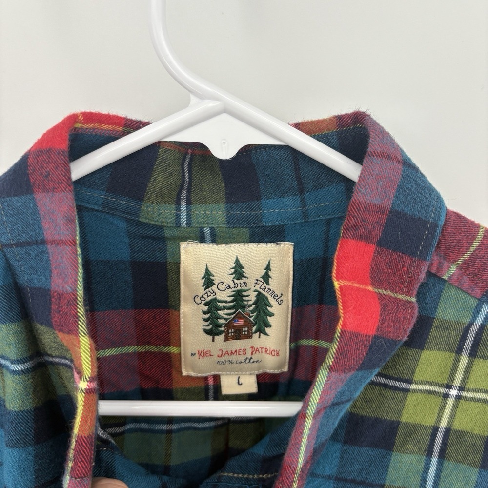 Kiel James Patrick Mens L Cozy Cabin Plaid Flannel Shirt 100% Cotton Embroidered - Picture 7 of 10